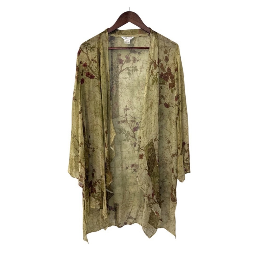 Citron Santa Monica 100% silk sheer duster women's XL beaded floral fairy boho